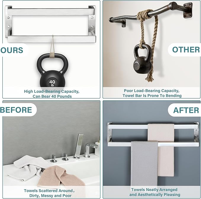 Alise Double Towel Bar 24", SUS304 Stainless Steel Towel Racks for Bathroom Wall Mounted, Heavy Duty Bathroom Towel Holder, Space Saving Towel Hanger, Brushed Nickel