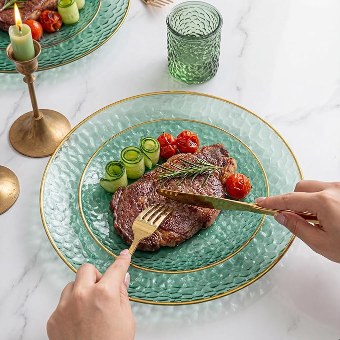 Rubtlamp 100 Clear Green Gold Plastic Plates, Hammered Clear and Gold Disposable Plates Include 50 Dessert Platos, 50 Dinner Platos for Party