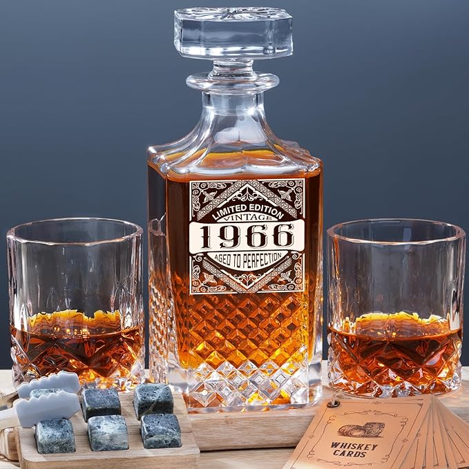 PONPUR 1966 60th Birthday Gifts For Men Dad, 1966 Laser Whiskey Decanter Set with Gift Box, Anniversary Bday Gift Ideas for Him Husband, 60 Years Decorations, Whiskey Glasses & Whisky Stones Inc.