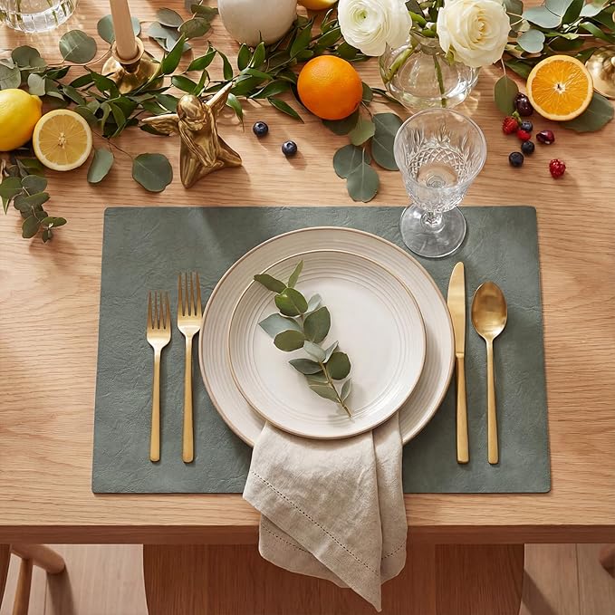 Artoid Mode Grey Faux Leather Placemats Set of 4, 12x18 Inch Waterproof Wipeable Heat Resistant Place Mats, Reversible Table Mats for Winter Kitchen Dining Decor