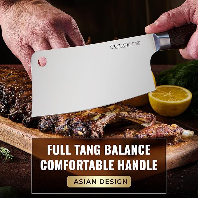 Cutluxe Meat Cleaver Knife ??Ultra Sharp 7" Meat Cleaver, Butcher Knife, High Carbon Stainless Steel Blade, Full Tang Pakkawood Handle ??Shinobi Series
