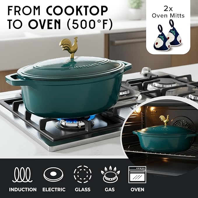 MUELLER HOME 5.5 Quart Enameled Cast Iron Oval Dutch Oven with Rooster Knob and Cotton Potholders, Heavy-Duty Cookware, Oven-Safe up to 500째 F & Across All Cooktops, Thanksgiving Essentials, Emerald