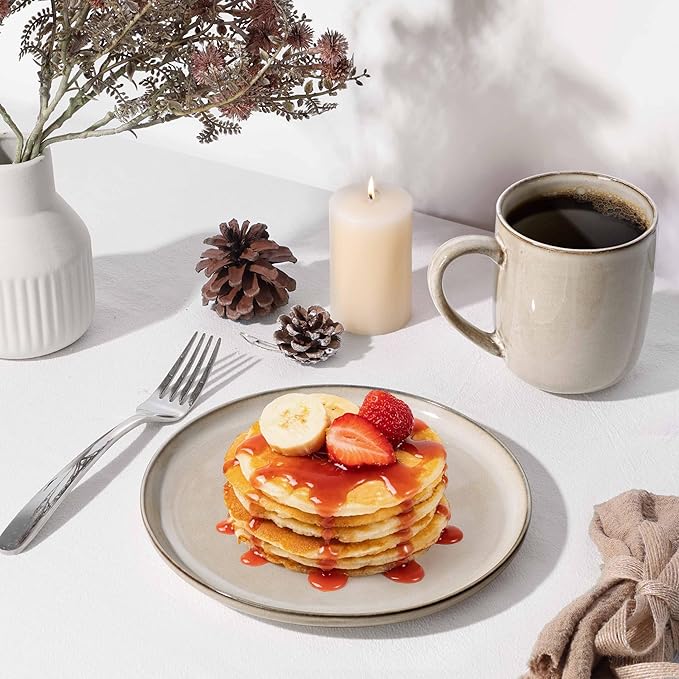 Herogo Stoneware Plates and Bowls Sets for 2, 6 Pieces Modern Round Dinnerware, Reactive Glaze Dishes Set for Kitchen, Chip Resistant, Microwave & Dishwasher Safe, Cream Khaki