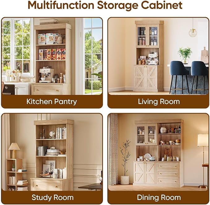 Vyre 71" Farmhouse Kitchen Pantry Cabinet, Freestanding Coffee Bar Hutch with Glass Doors, Drawers & Adjustable Shelves, Microwave Stand Storage Organizer for Living Room & Kitchen, Set of 4, Brown