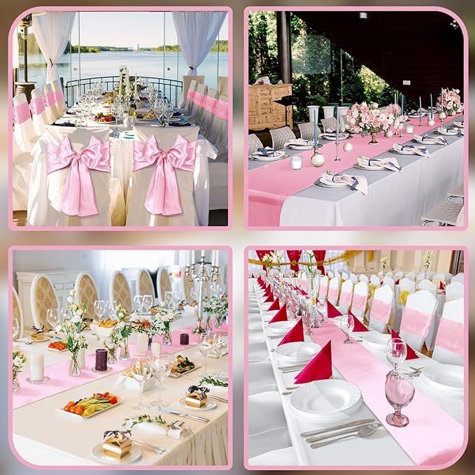 Bencailor 24 Pcs Pink Satin Table Runner Bulk 12 x 108 Inches Long Table Runners Bright Smooth Fabric Tablecloth for Wedding Banquet Birthday Valentines St Patrick's Day Party Decorations