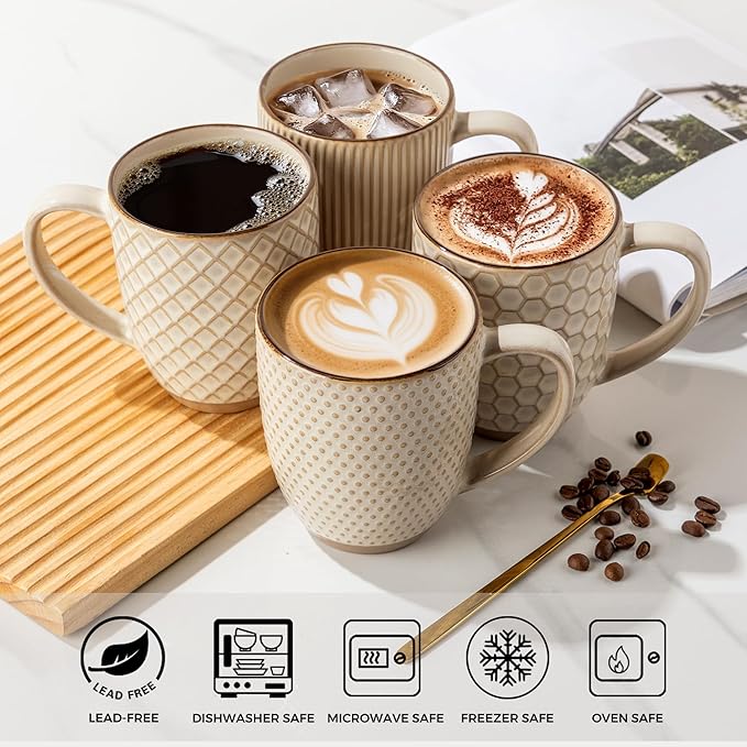 GBhome Large Coffee Mugs Set of 6, 16oz Handmade Embossed Coffee Mugs Set with Large Handle for Cappuccino/Latte/Tea/Hot Cocoa, Dishwasher & Microwave Safe, Khaki