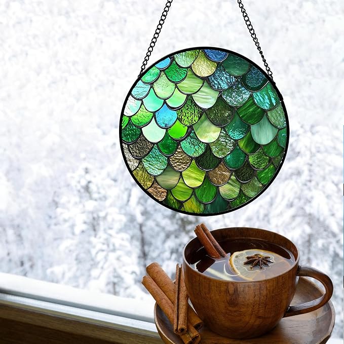 Stained Glass Window Hanging Green Abstract Texture 7.8" - Marine Suncatcher Door Garden Sun Catcher Home Decor Birthday Christmas for Mom Men Woman Wife Friend