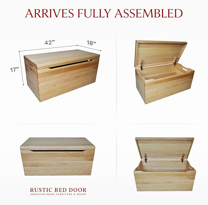 Hope Woodworking Amish Made Wooden Storage Chest Trunk Box with Lid and Handles for Bedroolanket, Clothes, Anti-Slam Hinges, Handmade, Rustic, Oak Wood, Natural Stain, 42"