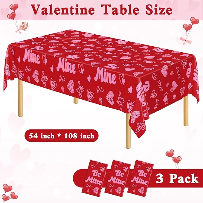 3 Pcs Valentines Decorations, 108" X 54" Plastic Valentines Tablecloth, Disposable Love Tablecloth, Pink Table Cloth Rectangle Galentines Party Favors, Heart Table Cover for Galentine Wedding Party