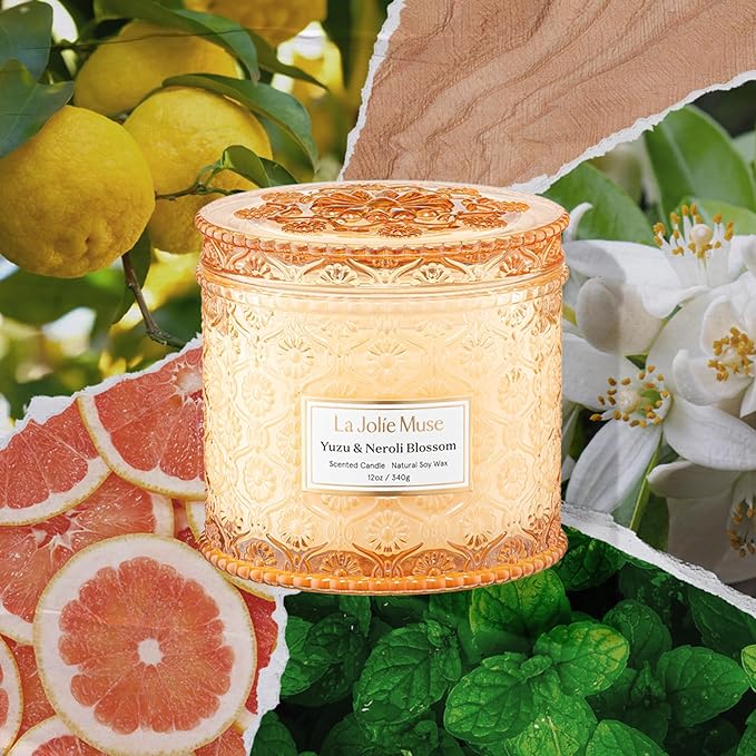 LA JOLIE MUSE Yuzu & Neroli Blossom Candle - Yuzu, Orange Blossom, Cedarwood | 12 oz Large 2-Wick Soy Wax Candle | 60 Hours Clean Burn | Citrus Scented Candle | Elegant Home D챕cor