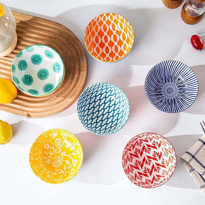 Cerkik Ceramic Dessert Bowls Set - Small 11 Oz Porcelain Ice Cream Bowls for kitchen - 4.7 Inch Cereal Bowls for Salad, Fruits, Ramen - Microwave Dishwasher Safe - Set of 6 - Assorted Colors
