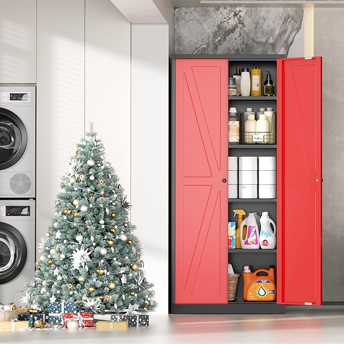 INTERGRAET 63" H Pantry Cabinet, Kitchen Pantry Storage Cabinets with 2 Doors and 4 Shelves, Black Red Metal Storage Cabinet,Cupboard for Home,Kitchen,Living Room/Dining