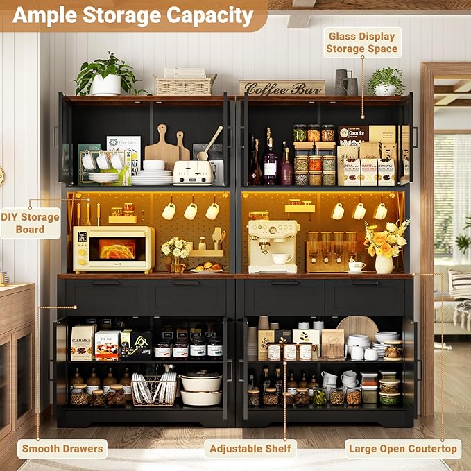 Unikito 71" Tall Kitchen Pantry Storage Cabinet with LED Light & Outlet, 63" Wide Kitchen Hutch Cabinet with Large Countertop, DIY Pegboard and Drawers, Food Pantry for Living Room,Black and Rustic