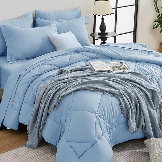 HEVUMYI Light Blue Cali-King Comforter Set - 7-Piece All Season Bed in a Bag Cali-King, Ultra Soft Bedding Set with Comforter, Flat Sheet, Fitted Sheet, Pillowcases, Pillow Shams