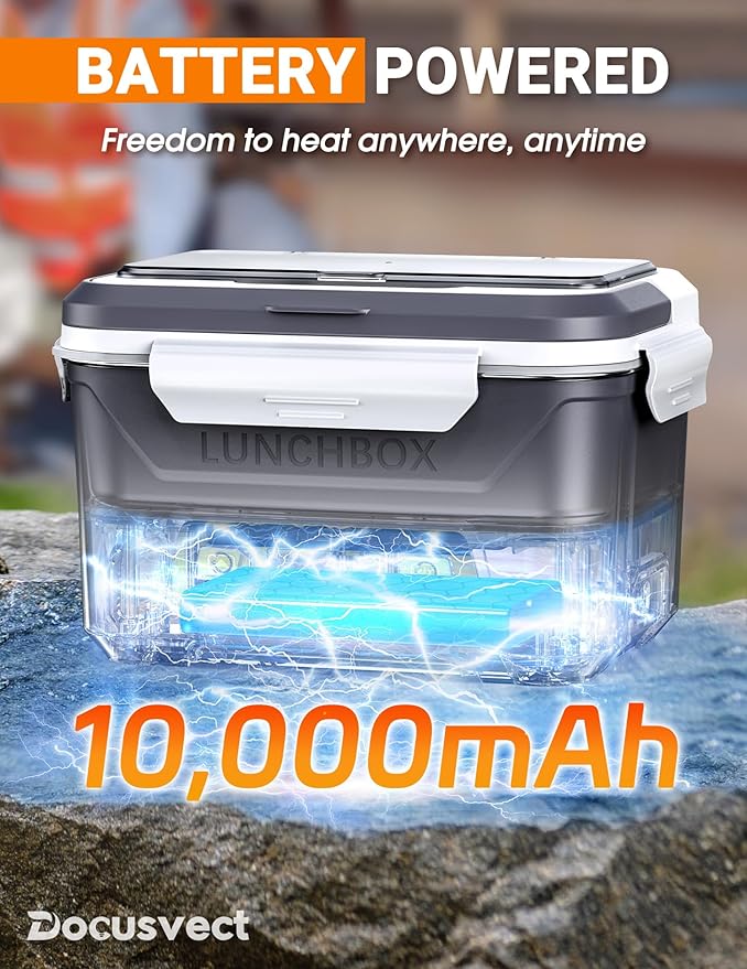 Docusvect Rechargeable Heated Lunch Box for Men, 1.3L Cordless Electric Lunch Box for Adults with Smart Scheduled Heating, Portable Food Warmer with Complete Accessories