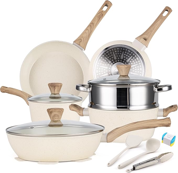 PekGema 14 Pcs Ceramic Cookware Sets, Pots and Pans Set Nonstick, Non Toxic Healthy Non stick Kitchen Cooking Set, Induction Cookware with Frying Pan Set, PFAS PTFE PFOA FREE, White