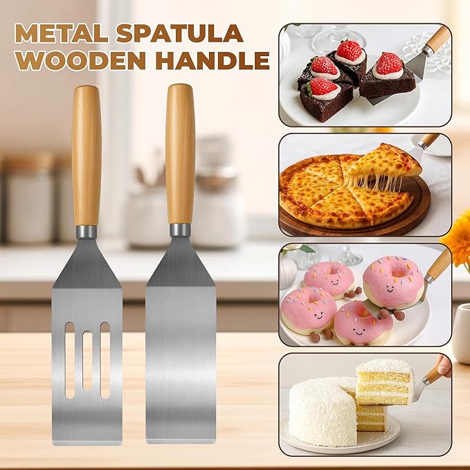 2-Piece Small Stainless Steel Spatula Set with Wooden Handles, Ideal for Flipping, Cooking, and Serving. Perfect for Brownies, Tiramisu, Cookies, Lasagna, and Pancakes.