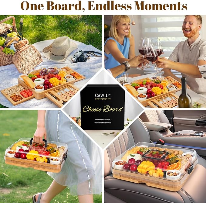 Charcuterie Board with Lid ??Large Bamboo Cheese Board Set with Utensils & Drawers ??Housewarming, Wedding Gifts for Couples, Serving Tray with Cover (Black)