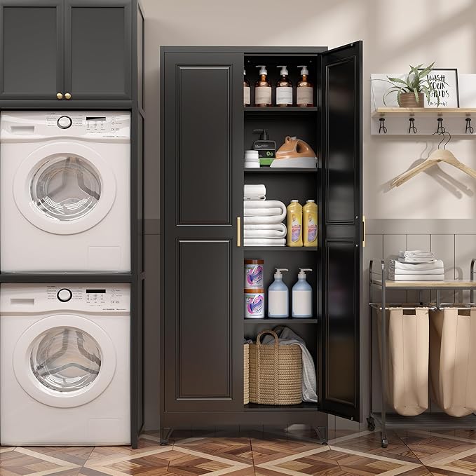 Kitchen Pantry Cabinet,75?쒫lack Metal Storage Cabinets with Doors and 4 Adjustable Shelves,Kitchen Cabinet with 2 Gold Handles,Tall Cabinet for Livingroom, Bathroom