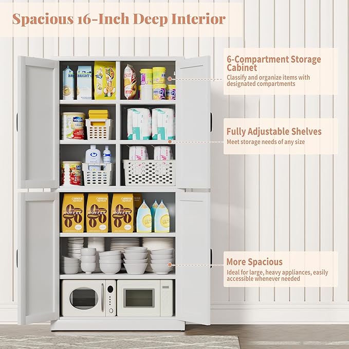 Steel Kitchen Pantry Cabinet with Barn Doors and Adjustable Shelves, Metal Farmhouse Storage Cabinets for Living Room, Bathroom, Kitchen Storage