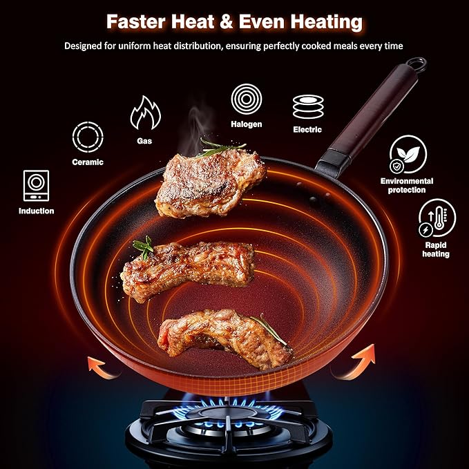Carbon Steel Wok -13 Inch Woks & Stir-fry Pans Nonstick, Wok Pan with Glass Lid Spatula and Dish Brush: Pre-Seasoned Flat Bottom Chinese Wok for Induction, Electric, Gas, All Stoves