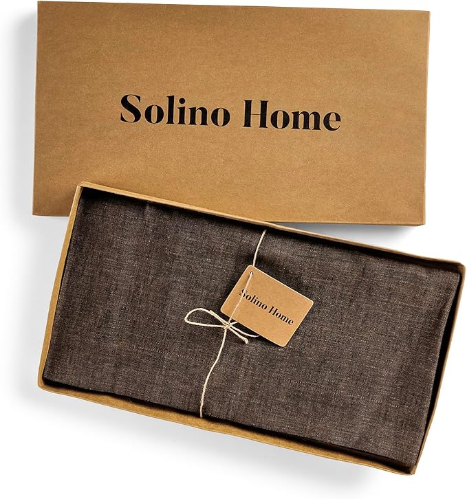 Solino Home Linen Tablecloth 60 x 144 Inch - 100% Pure Linen Chambray Brown Table Cloth for Rectangle Tables - Athena, Machine Washable Tablecloth