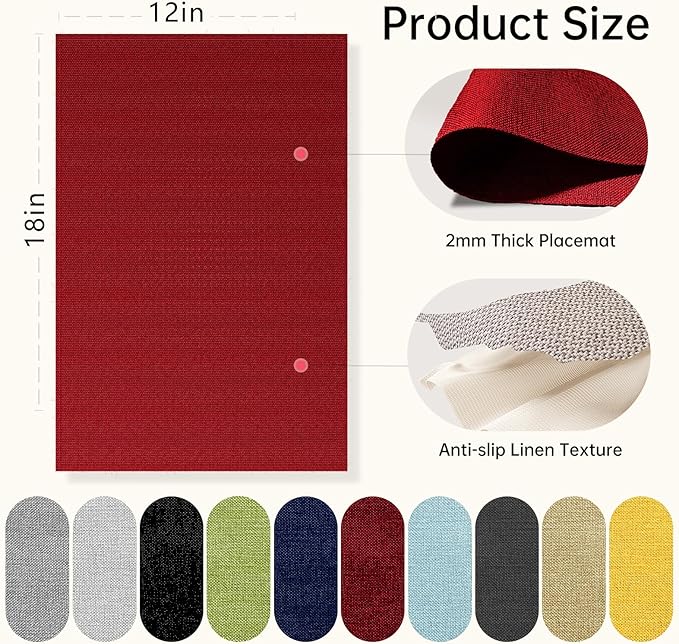Blue Forest | Rectangular Faux Linen Placemats Set of 6 | Dual- Layered Thickened for Durability | Heat Resistant | Machine Washable | Wrinkle Free for Easy Care Indoor/Outdoor Use - Red