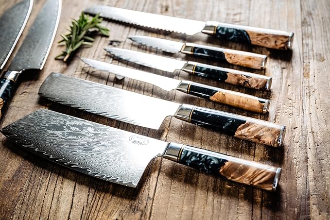 Epicurean Cook 8-Piece Damascus Knife Set with Japanese VG10 Steel Core - Ultra Sharp Kitchen Knives with 67 Layers of Damascus Steel - Burl Wood Black Resin Handles