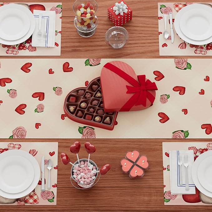 XCHI Roses Flowers Love Hearts Vase Valentine?셲 Day Table Runner Table Decoration for Party Home Kitchen Dining Dinner Holiday Decor 13x72 Inch