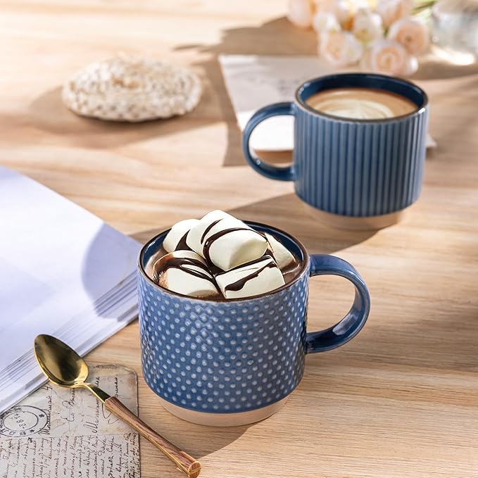 GBhome 15OZ Stackable Coffee Mugs, Ceramic Coffee Cups with Texture Patterns for Man,Woman,Dad,Mom, Modern Mugs Set of 4 for Latte/Cappuccino/Cocoa. Dishwasher&Microwave Safe, Blue