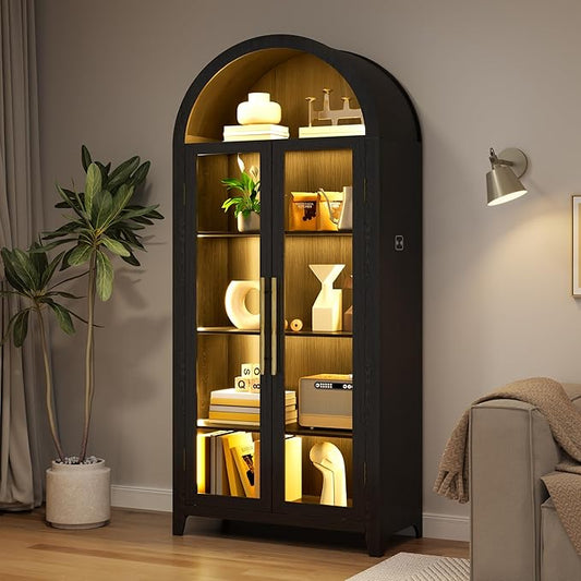 Arch Storage Cabinet with Tempered Glass Door, 71??Arched Display Floor Cabinet, 5 Tier Farmhouse Buffet with Storage for Dining Room, Living Room, Home Office or Kitchen(Black)