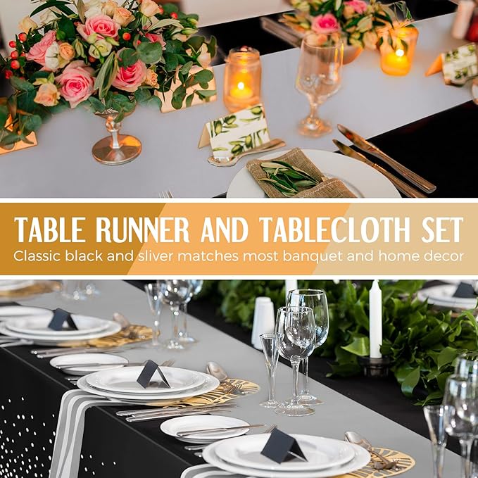 Tudomro 16 Pieces Black and Silver Disposable Plastic Tablecloths and Satin Table Runner Set 54x108 Inch Tablecloth 12x108 Inch Table Runners for New Year Wedding Birthday Baby Shower Graduation
