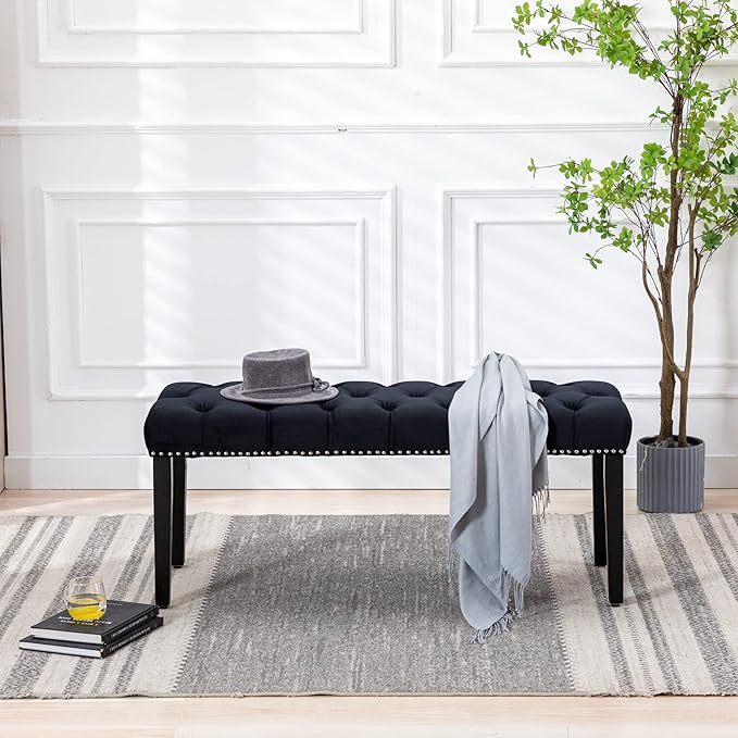 KCC Button-Tufted Ottoman Bench, Upholstered Bedroom Benches Velvet Footrest Stool Accent Bench for Entryway Dining Room Living Room Bedroom End of Bed, Black