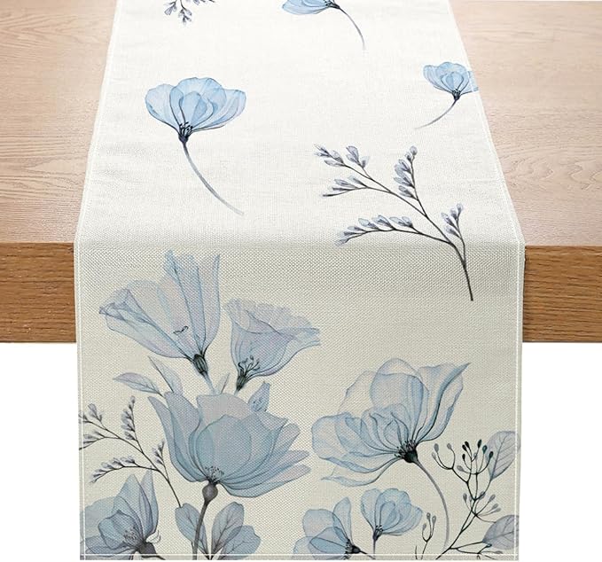 ZCHOMI Blue Poppy Floral Table Runner 13x72 Inch Summer Flowers Spring Kitchen Dinning Table Decoration for Indoor Outdoor Home Party D챕cor