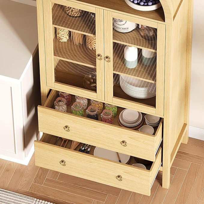 CuisinSmart 71" Display Arched Storage Cabinet, Kitchen Pantry with Tempered Glass Doors, 2 Large Drawers and Adjustable Shelves, Arched Bookshelf Cabinet for Dining Room Kitchen Office- Natural