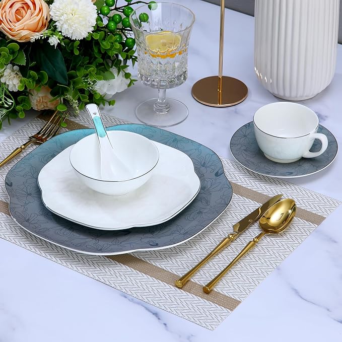 24 Piece Porcelain Dinnerware,Bone china Set for 4, Plates and Bowls Sets With exquisite Handmade Green Floral,Highly Chip and Crack Resistant | Oven & Dishwasher (Green + Floral)