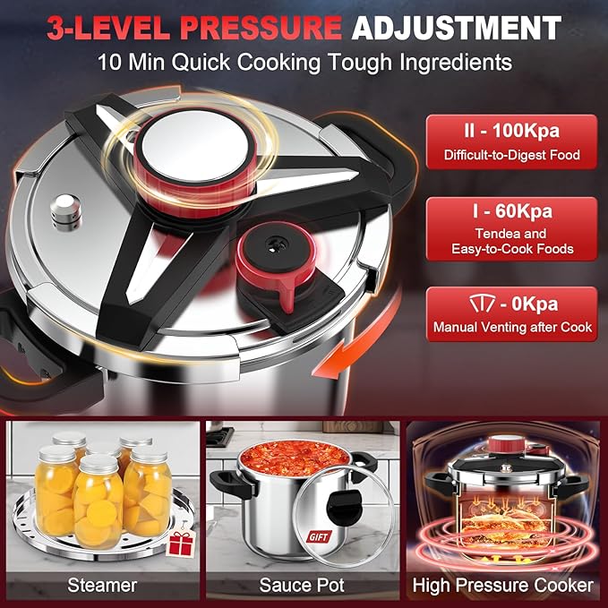 3-In-1 304 Stainless Steel Pressure Cooker 10 QT: [Explosion-Proof] [3 PSI Settings], One-Hand Locking, Induction Compatible, Glass Lid & Steamer Rack Included, Olla de Presion