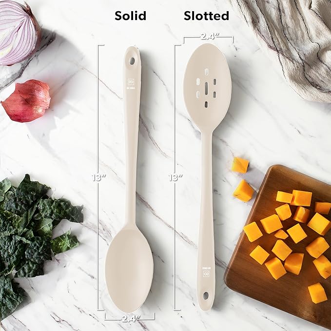 DI ORO Silicone Spoons for Cooking - Large Kitchen Spoons for Mixing, Serving, & Stirring - 600째F Heat-Resistant Non Stick Utensils ??Big Solid & Slotted Basting Spoons - Dishwasher Safe (2pc, Clay)