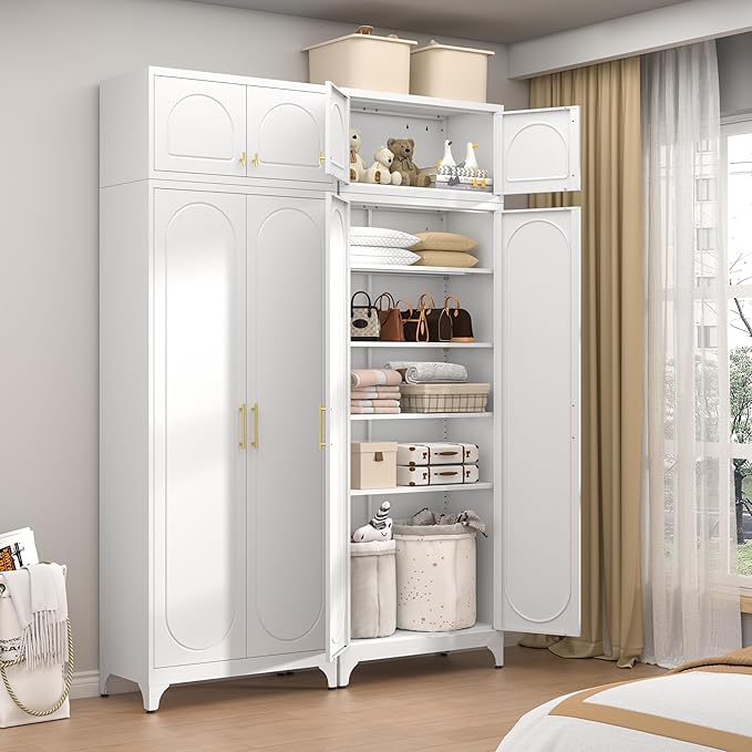 90??Tall Kitchen Pantry Cabinet,Metal Storage Cabinet with Doors and Adjustable Shelves,Modern Kitchen Hutch Cabinets,Freestanding Cupboard for Dining Living Room