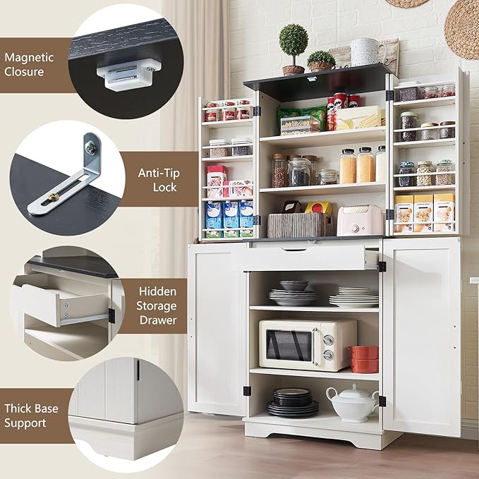 VanAcc 72" Tall Farmhouse Kitchen Pantry Cabinet with Door Organizer & Adjustable Shelves, Wooden Storage Cupboard with Drawer and Barn Doors for Kitchen, Dining Room, Living Room, Distressed White