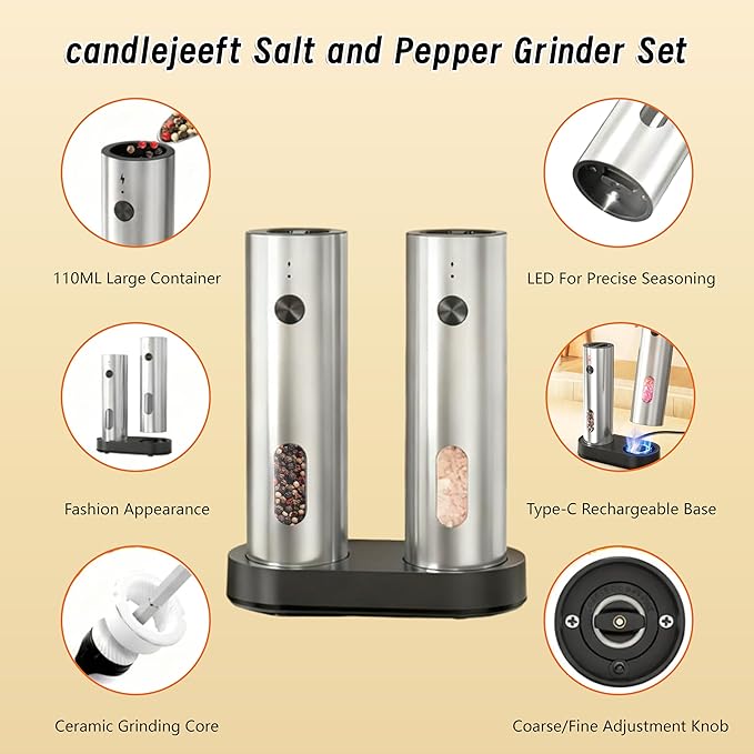 Electric Salt and Pepper Grinder Set,Rechargeable,Adjustable Coarseness,LED Light with Dual Charging Base,110ml Upgraded Large Capacity,Top-Refill,Stainless Steel Automatic Pepper Shakers