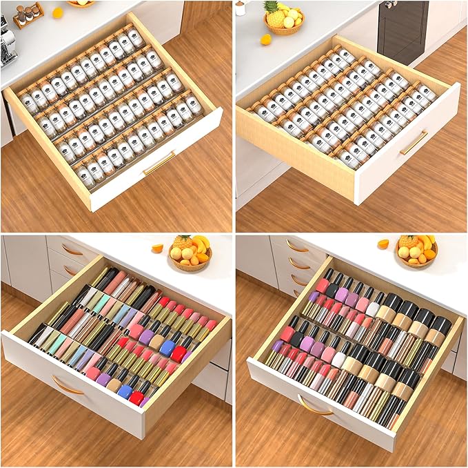 4-Tier Non-Slip Spice Drawer Organizer, 4-Pack Checkered Frosted Clear Acrylic, Expandable (11''-22'') Spice Rack for Kitchen Drawer Storage ??Holds Seasonings, Herbs, and Spices (Jars Not Included)