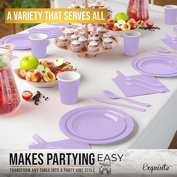 Exquisite 350 Pcs Lavender Paper Plates For Party, Lavender Disposable Plates Set, 50 Of Each 9" Dinner Plate Set, 7" Dessert Plate, Cups, Napkins & Cutlery Paper Dinnerware
