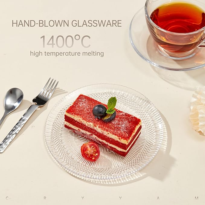 Dessert Plates - 6 Inch/15cm Handblown Glass Plates Set of 6 - Small Dessert Salad and Decorative Plates, Clear Glass Mini Dinner Plates for Appetizers, Salads, and Small Meals