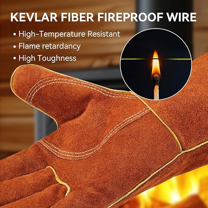 OZERO 932째F Heat Resistant Welding Gloves: 14 inches Cowhide Leather Long Sleeve and Insulated Lining Grill Glove - for Tig Mig Welder Forge Stove Oven Baking Fireplace Barbecue Grilling, Brown