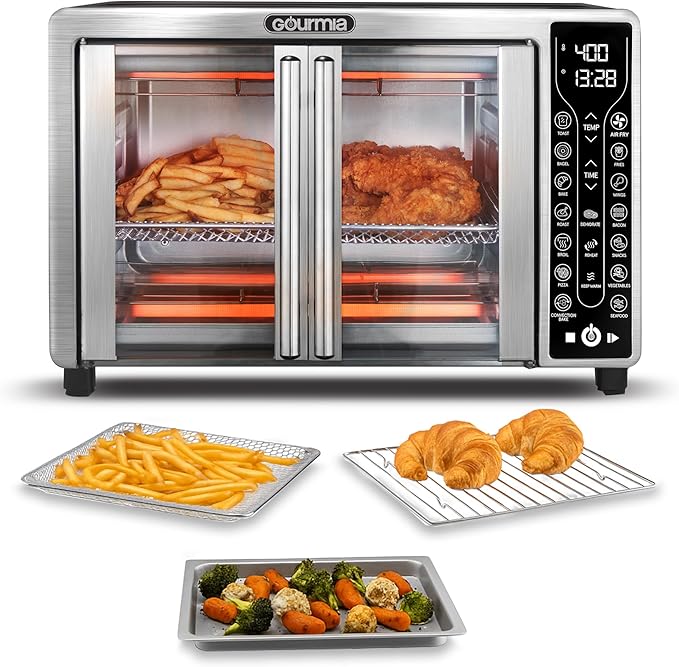 Gourmia French Door Air Fryer ??25 Qt Large Capacity Convection Oven, Fryfroce 360째, Digital Display with 17 Cooking Presets, Bake, Toast, Roast, Dehydrate, Fits 12??Pizza