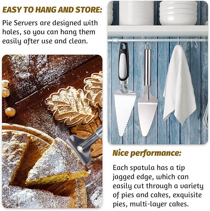 4 Pieces Pie Server Set Stainless Steel Pie Spatula Metal Cutter Serrated Cake Server Wood Handle Pizza Slicer Flatware Cake and Pastry Servers for Kitchen Cutting Serving Desserts
