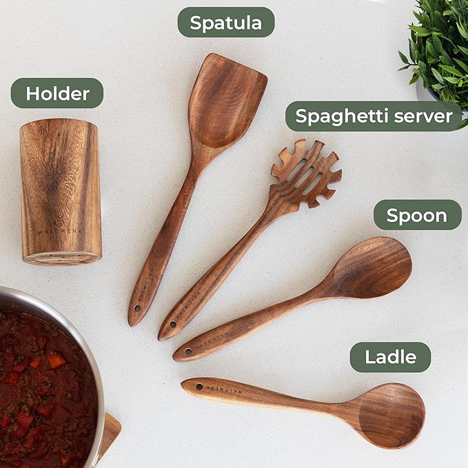 WALDWERK Wooden Spoons for Cooking ??4-Piece Kitchen Utensils Set with Teak Wood Spoons, Spatula, Pasta Server & Holder ??Wooden Utensil Set ??Cooking Utensils ??Utensil Sets - Non Toxic