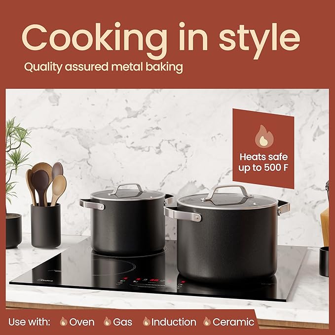 Bakken 8.5 Quart Ceramic Coated Stock Pot with Lid, Easy Clean Nonstick Pot, Tempered Glass Lid, Riveted Stainless Steel Handles, Oven Safe Up To 500째F, PTFE & PFAS Free, All Stove Compatible, Black