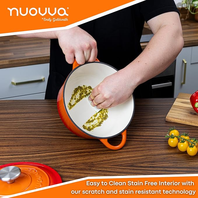 Cast Iron Pot with Lid ??Non-Stick Ovenproof Enamelled Casserole Pot, Oven Safe up to 500째 F ??Sturdy Dutch Oven Cookware ??Orange, 5-Quart, 24cm ??by Nuovva